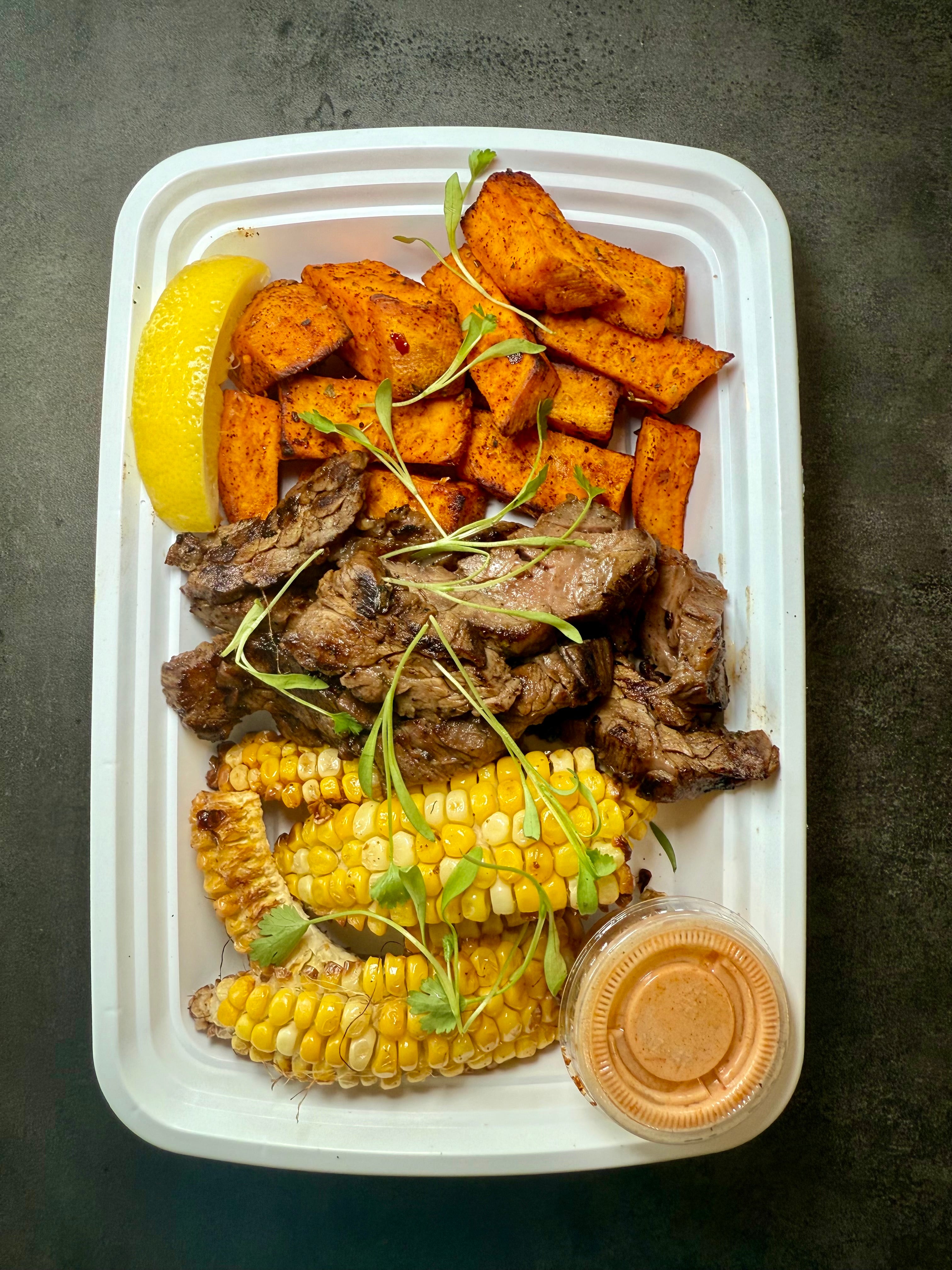 Sweet Potato, Corn & Steak